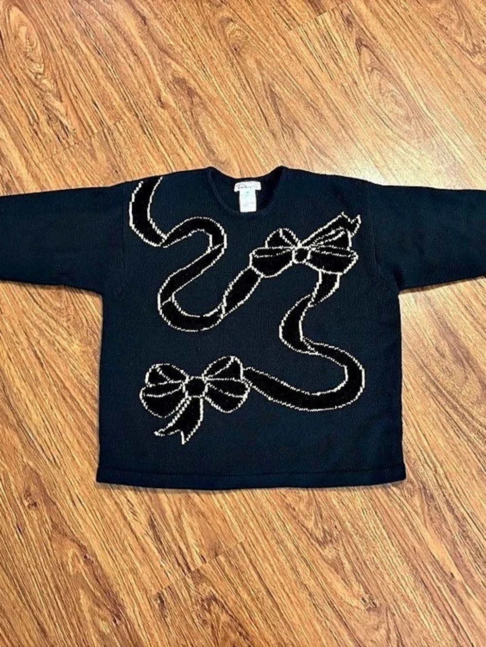 Vintage Talbots Lambswool Blend Black Knit Sweater Gold Metallic Ribbon Bow - M